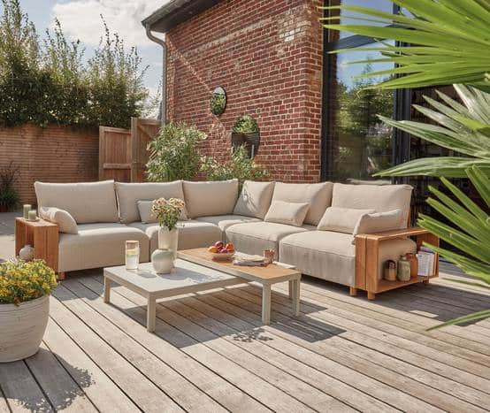 Salon de jardin aluminium crème et effet bois 7 personnes