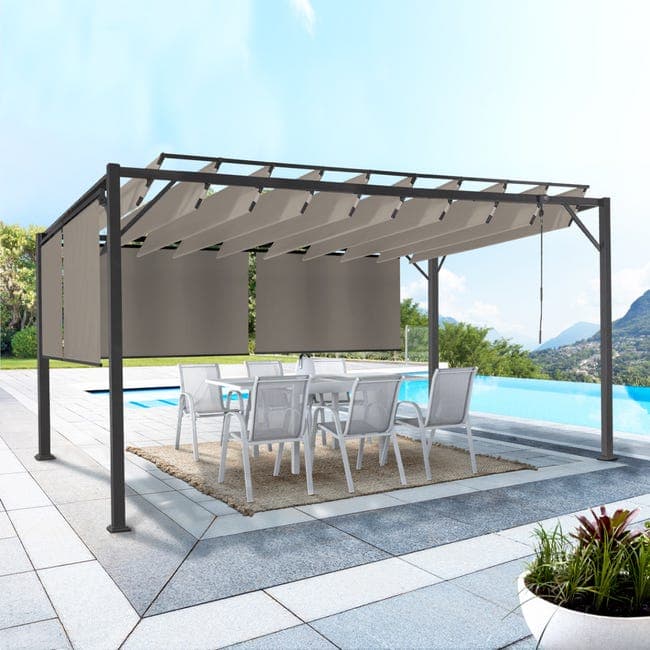 Pergola LUXE 3×4 m à lames orientables avec 4 stores taupe