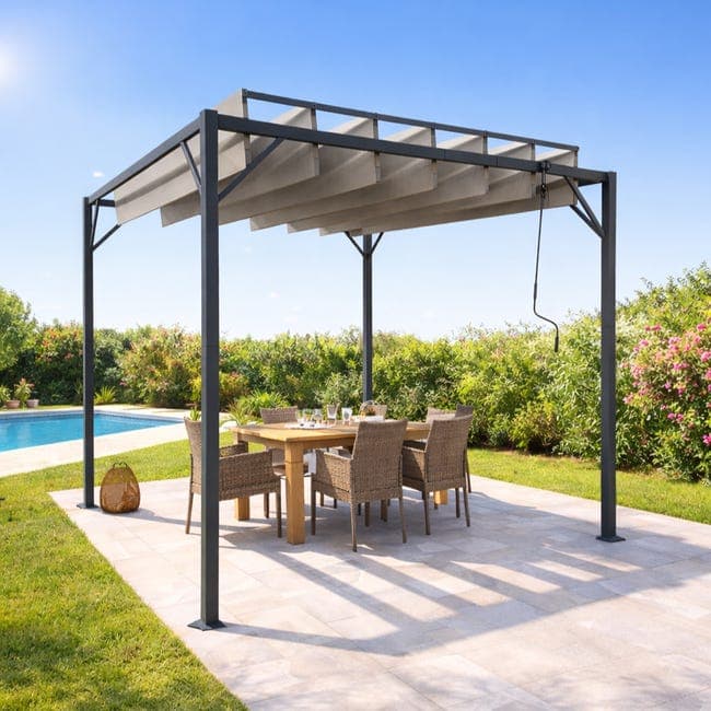 Pergola bioclimatique autoportante acier 3×3 m lames orientables beige