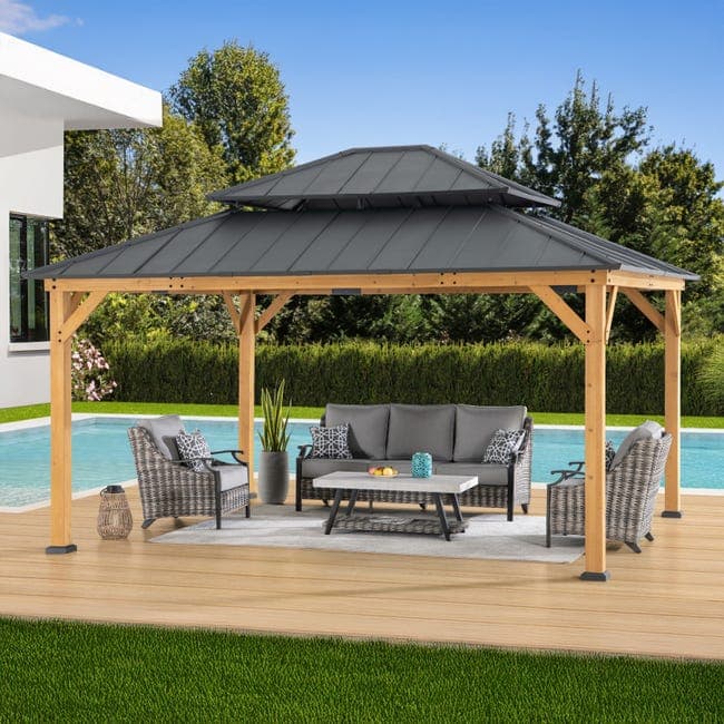 Tonnelle bois cèdre 3,9 x 4,5 m toit acier